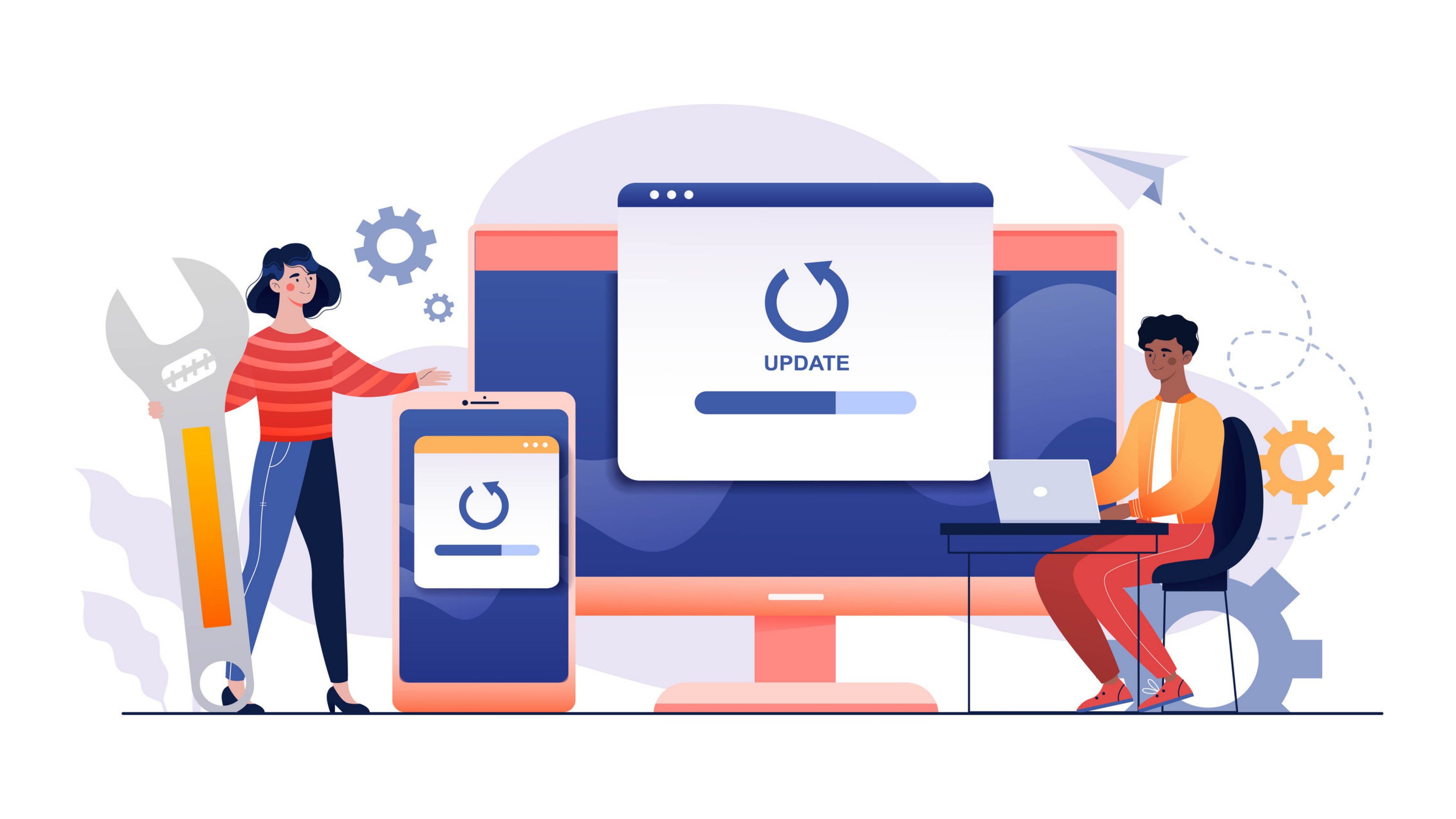 PC bug fixing installing update process, Diverse team upgrade app program, data network installation development. Flat web abstract banner outline cartoon vector illustration Website project isolated