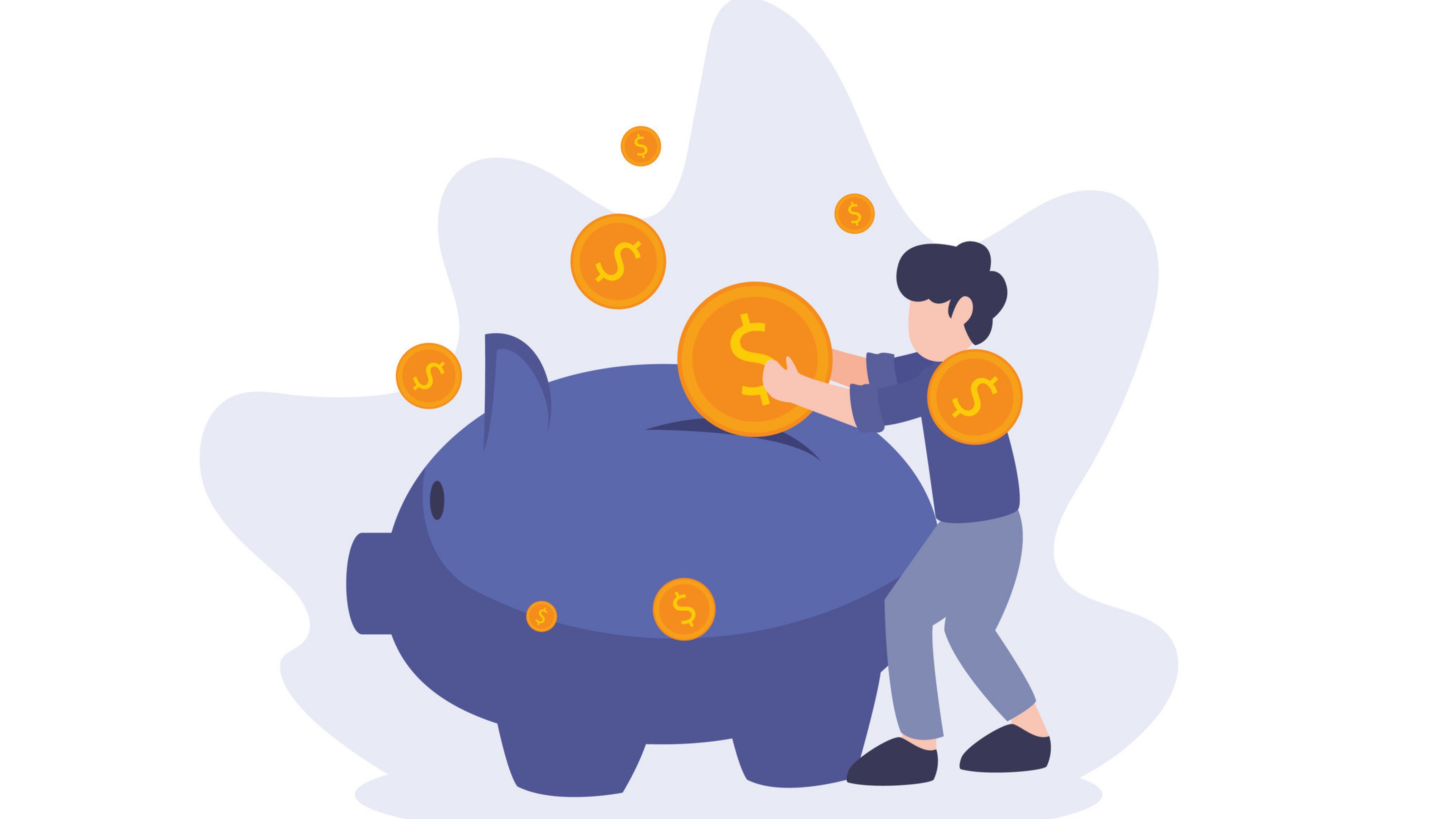 Money saving concept. Flat vector illustration. A man put dollar coins into piggy bank. Elements for banner, ui, flyer, web, landing page, and poster.